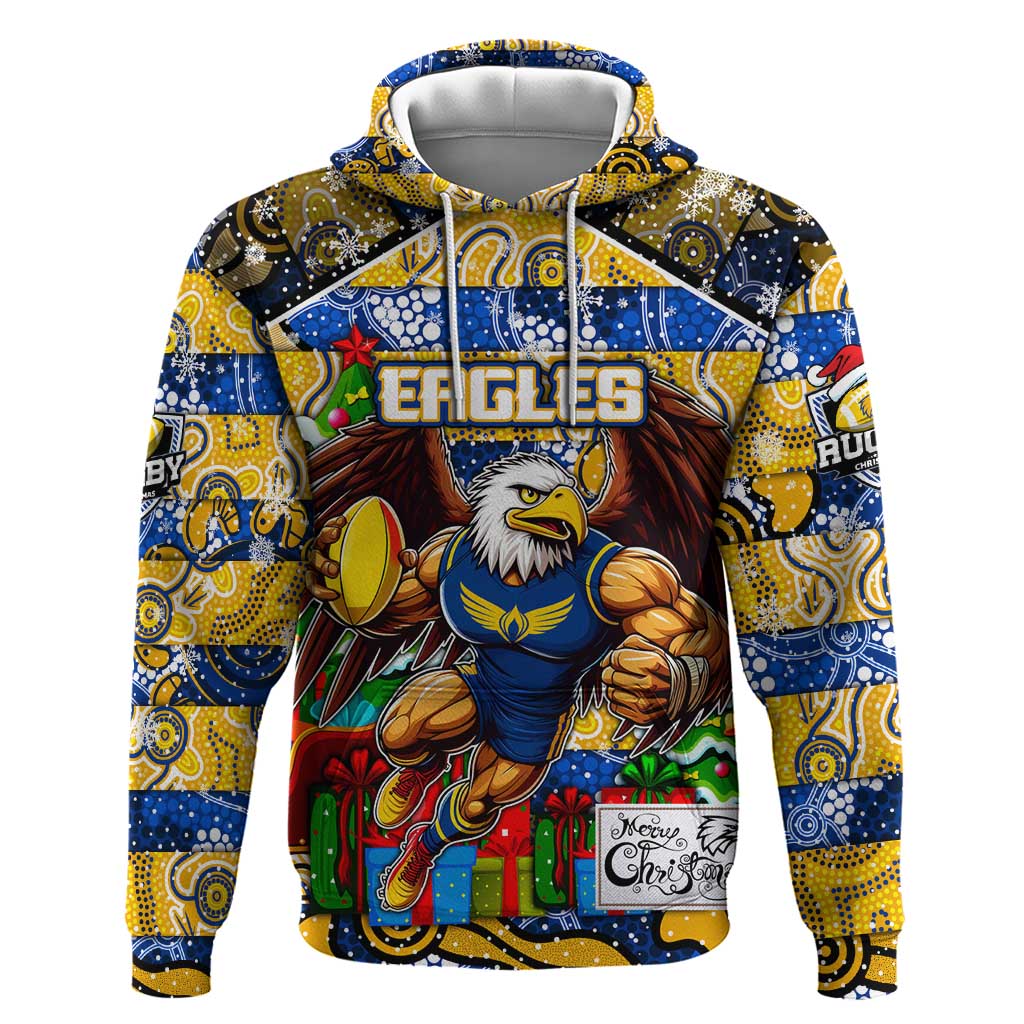 Custom Eagles Rugby Merry Christmas Hoodie Indigenous Australian Art
