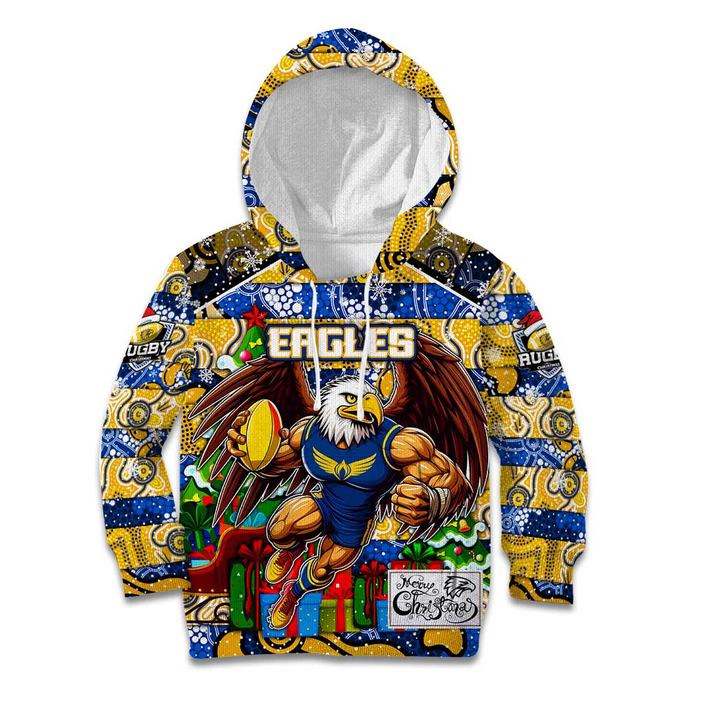Custom Eagles Rugby Merry Christmas Kid Hoodie Indigenous Australian Art