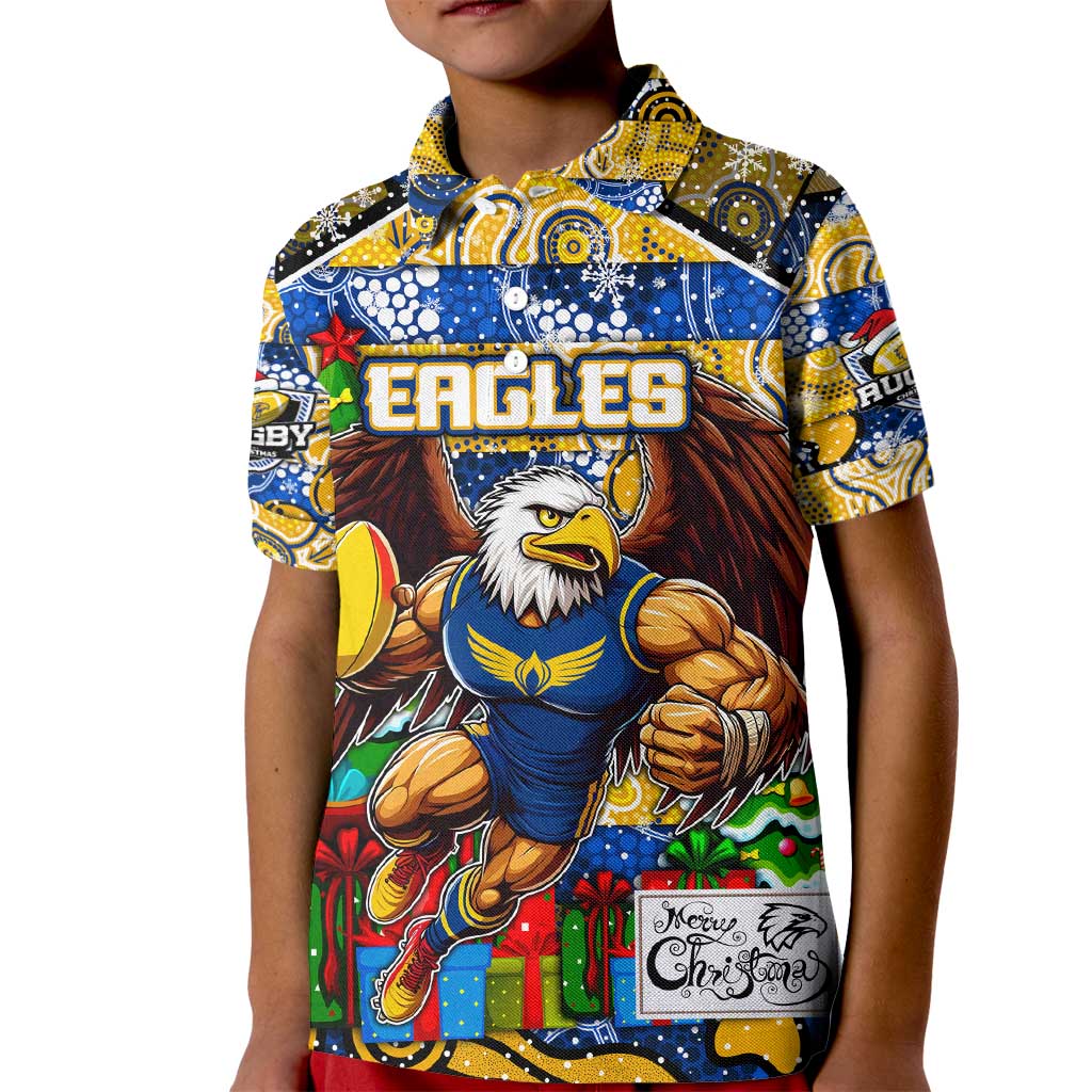 Custom Eagles Rugby Merry Christmas Kid Polo Shirt Indigenous Australian Art