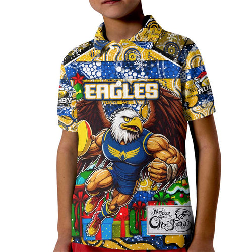 Custom Eagles Rugby Merry Christmas Kid Polo Shirt Indigenous Australian Art
