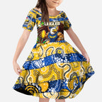 Custom Eagles Rugby Merry Christmas Kid Short Sleeve Dress Indigenous Australian Art