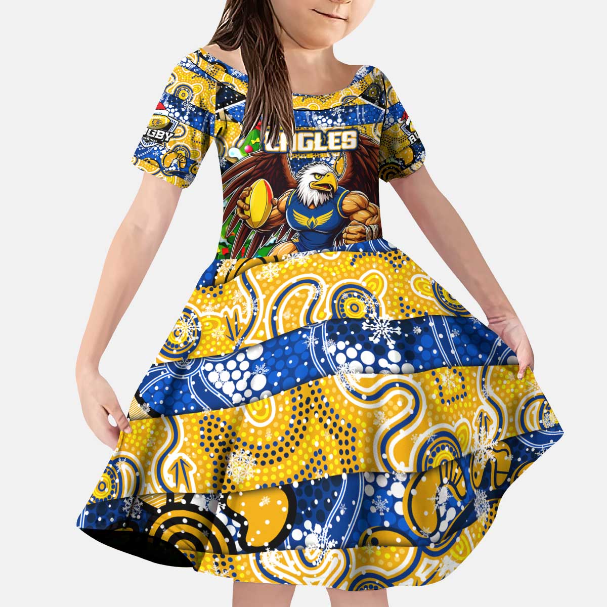Custom Eagles Rugby Merry Christmas Kid Short Sleeve Dress Indigenous Australian Art