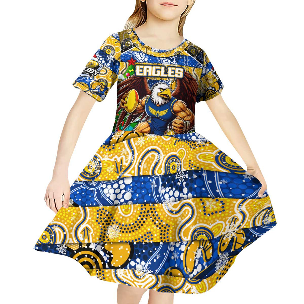 Custom Eagles Rugby Merry Christmas Kid Short Sleeve Dress Indigenous Australian Art