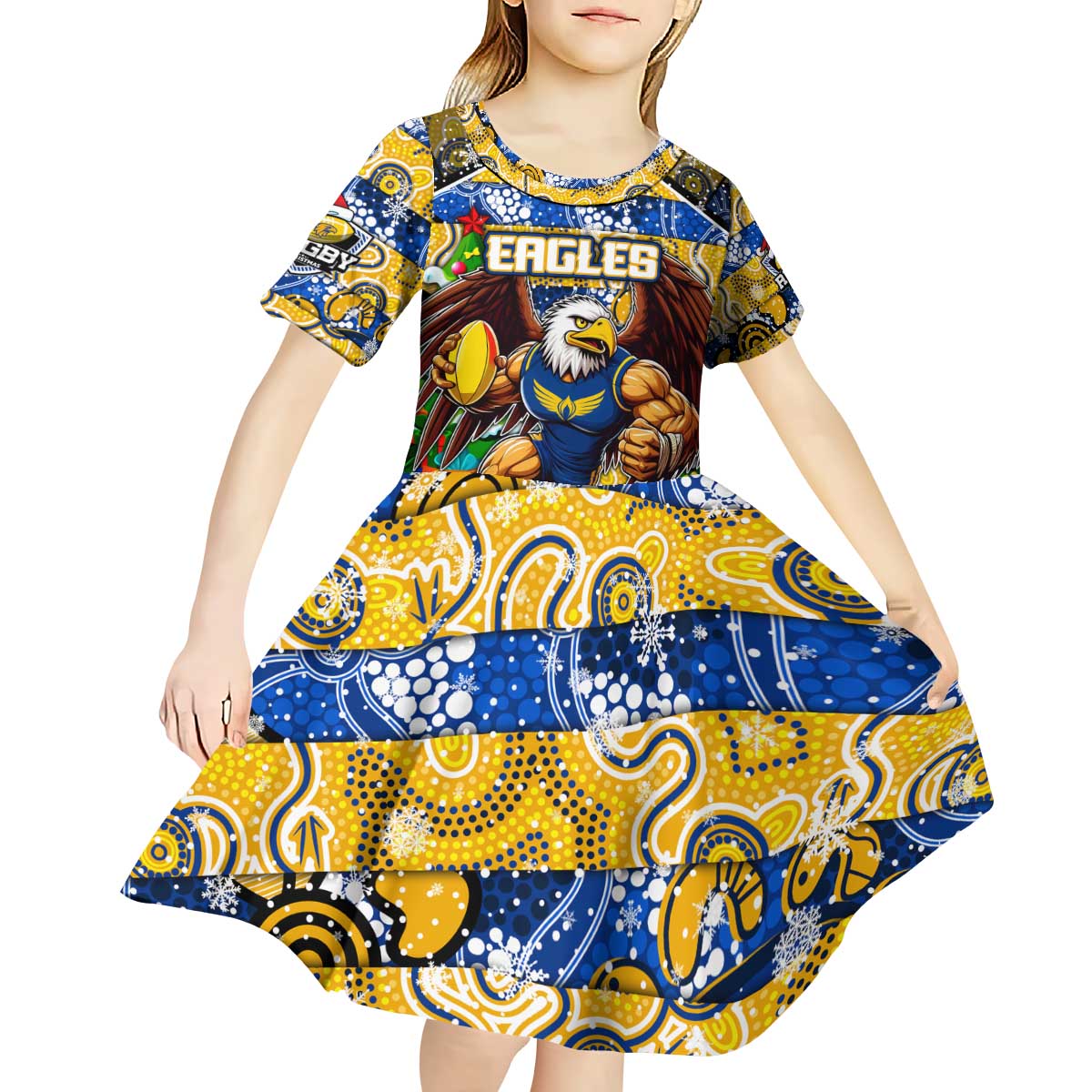 Custom Eagles Rugby Merry Christmas Kid Short Sleeve Dress Indigenous Australian Art