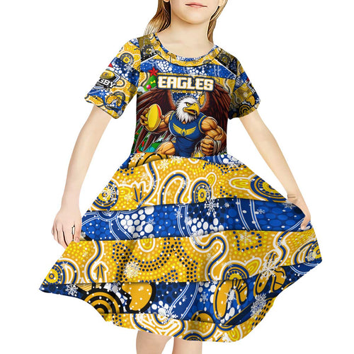 Custom Eagles Rugby Merry Christmas Kid Short Sleeve Dress Indigenous Australian Art