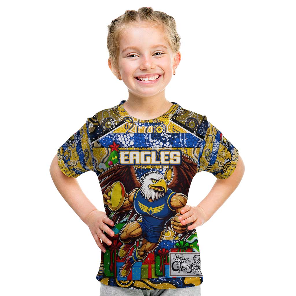 Custom Eagles Rugby Merry Christmas Kid T Shirt Indigenous Australian Art