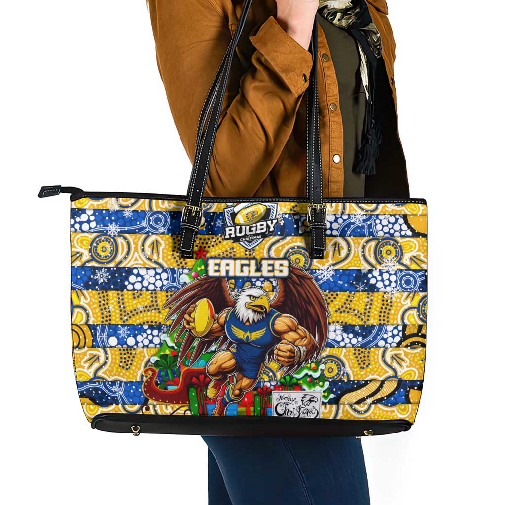 Eagles Football Merry Christmas Leather Tote Bag Indigenous Australian Art