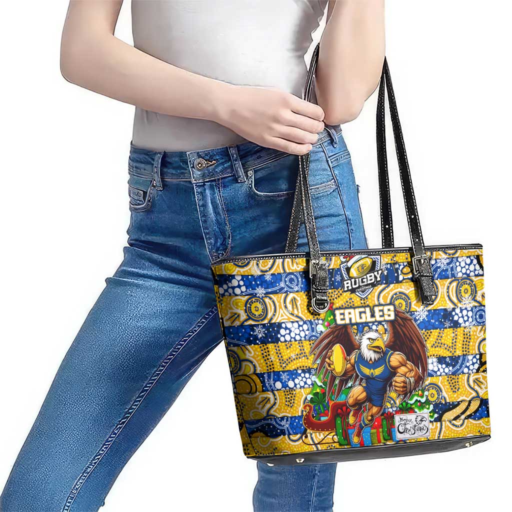 Eagles Football Merry Christmas Leather Tote Bag Indigenous Australian Art