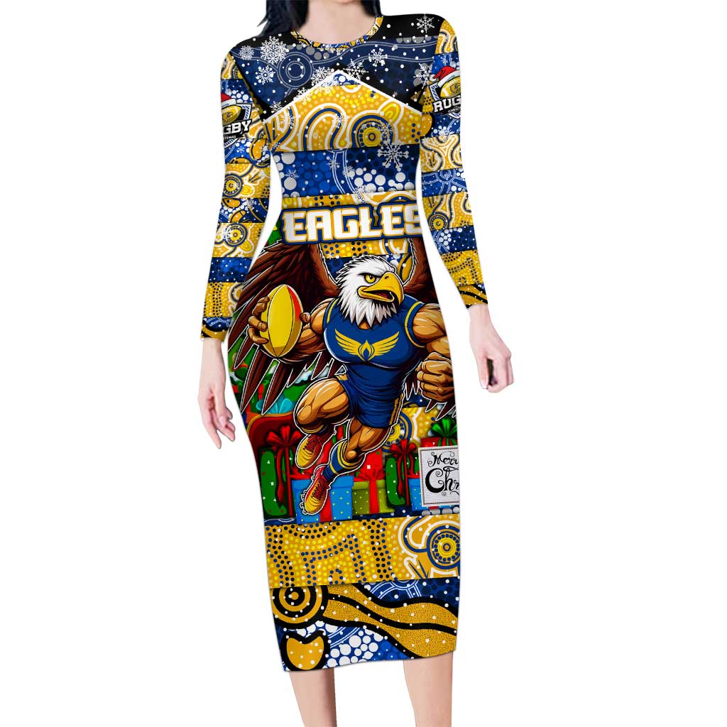 Custom Eagles Rugby Merry Christmas Long Sleeve Bodycon Dress Indigenous Australian Art