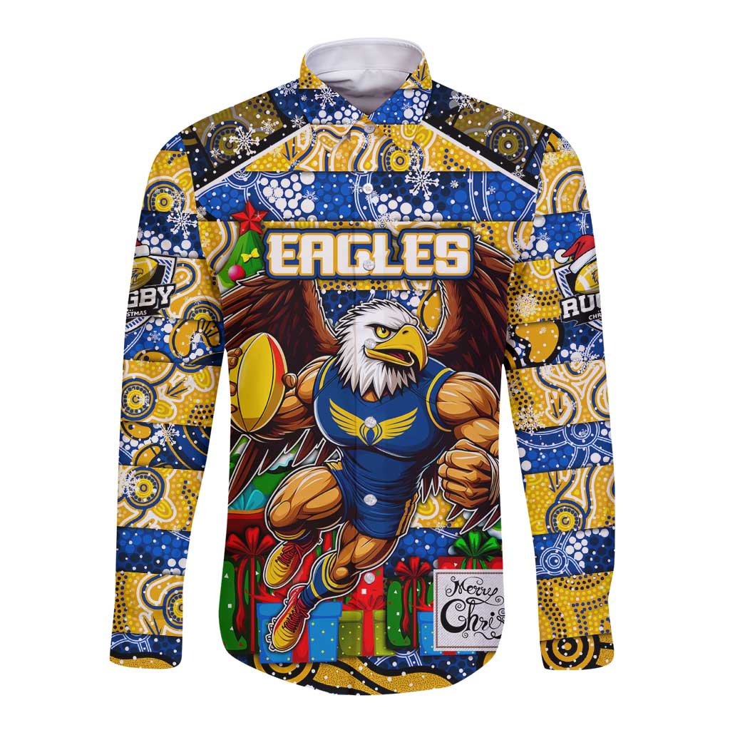 Custom Eagles Rugby Merry Christmas Long Sleeve Button Shirt Indigenous Australian Art