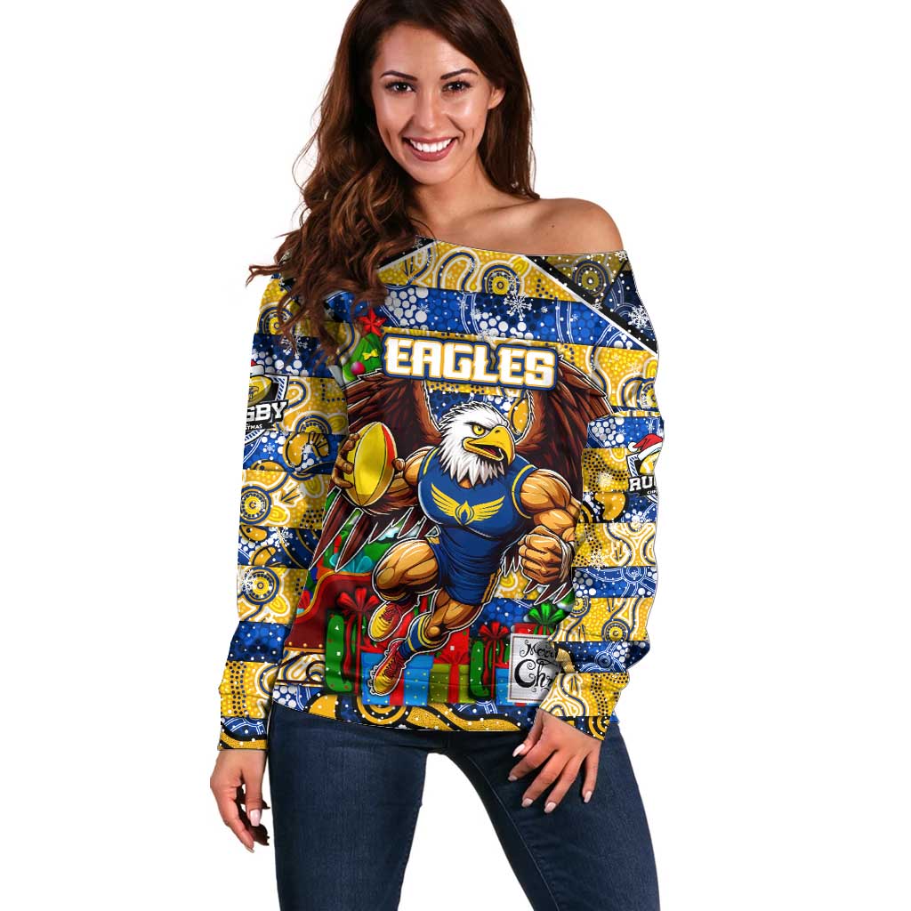 Custom Eagles Rugby Merry Christmas Off Shoulder Sweater Indigenous Australian Art