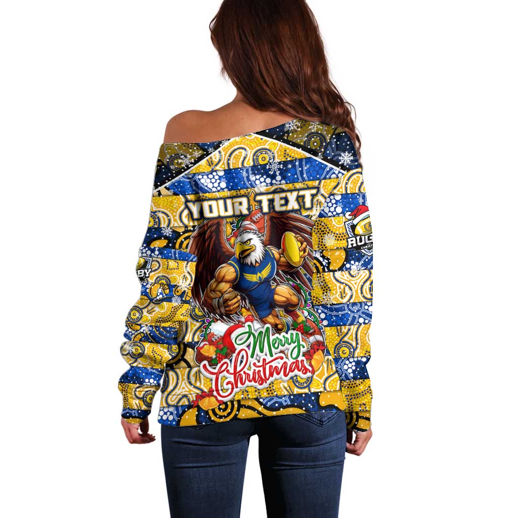 Custom Eagles Rugby Merry Christmas Off Shoulder Sweater Indigenous Australian Art