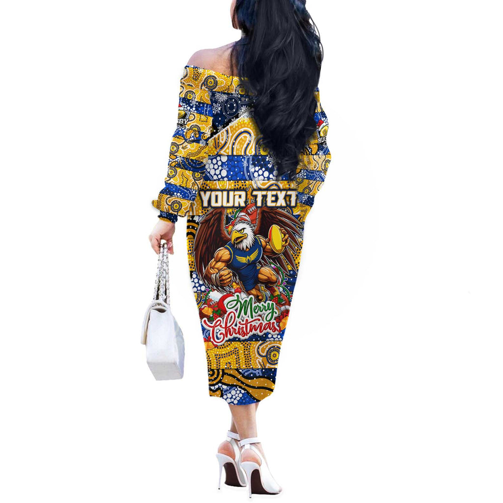 Custom Eagles Rugby Merry Christmas Off The Shoulder Long Sleeve Dress Indigenous Australian Art