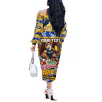 Custom Eagles Rugby Merry Christmas Off The Shoulder Long Sleeve Dress Indigenous Australian Art