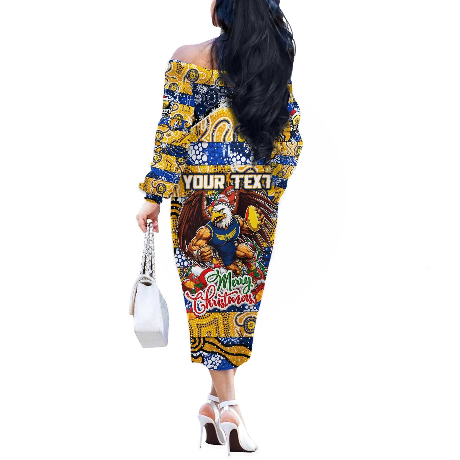 Custom Eagles Rugby Merry Christmas Off The Shoulder Long Sleeve Dress Indigenous Australian Art
