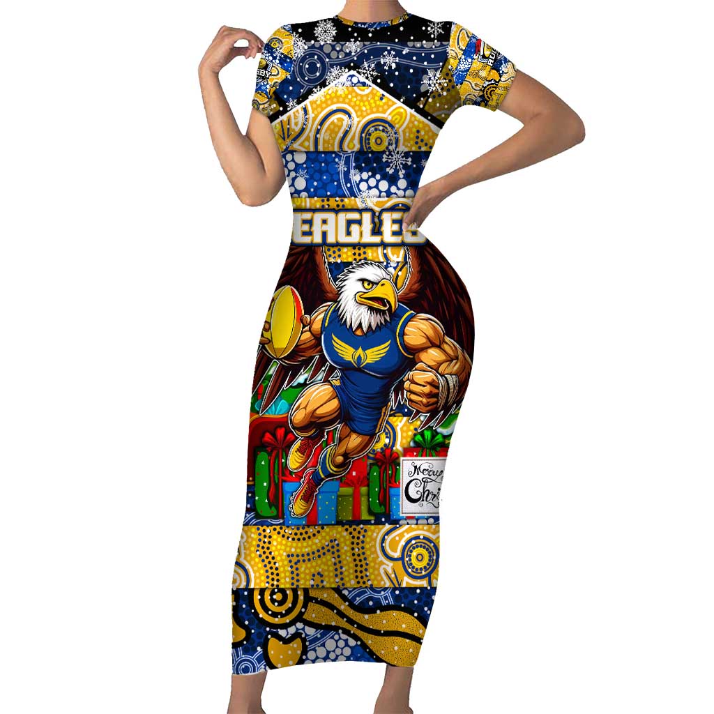 Custom Eagles Rugby Merry Christmas Short Sleeve Bodycon Dress Indigenous Australian Art