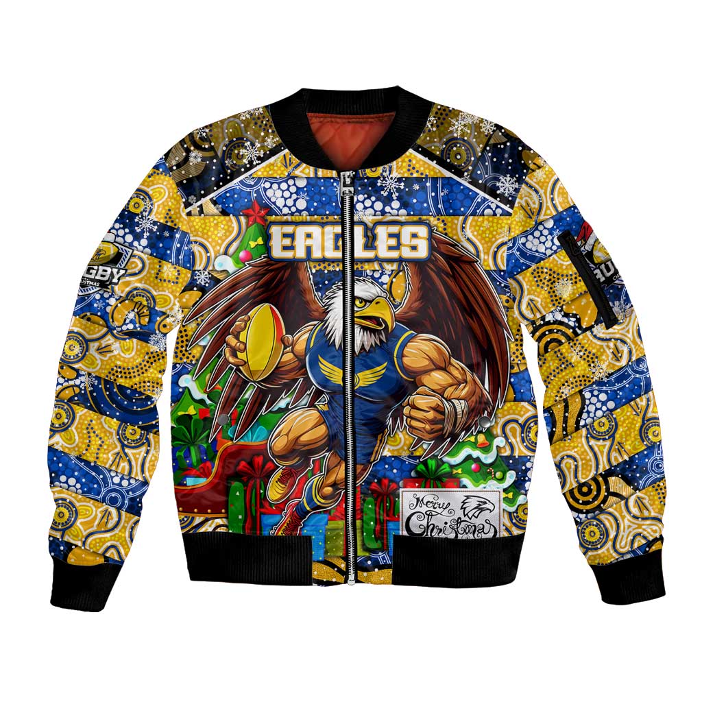 Custom Eagles Rugby Merry Christmas Sleeve Zip Bomber Jacket Indigenous Australian Art