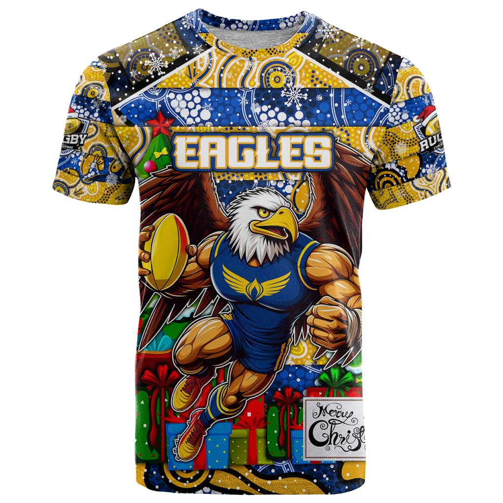 Custom Eagles Rugby Merry Christmas T Shirt Indigenous Australian Art