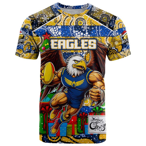 Custom Eagles Rugby Merry Christmas T Shirt Indigenous Australian Art