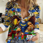Custom Eagles Rugby Merry Christmas Women Casual Shirt Indigenous Australian Art