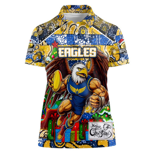Custom Eagles Rugby Merry Christmas Women Polo Shirt Indigenous Australian Art