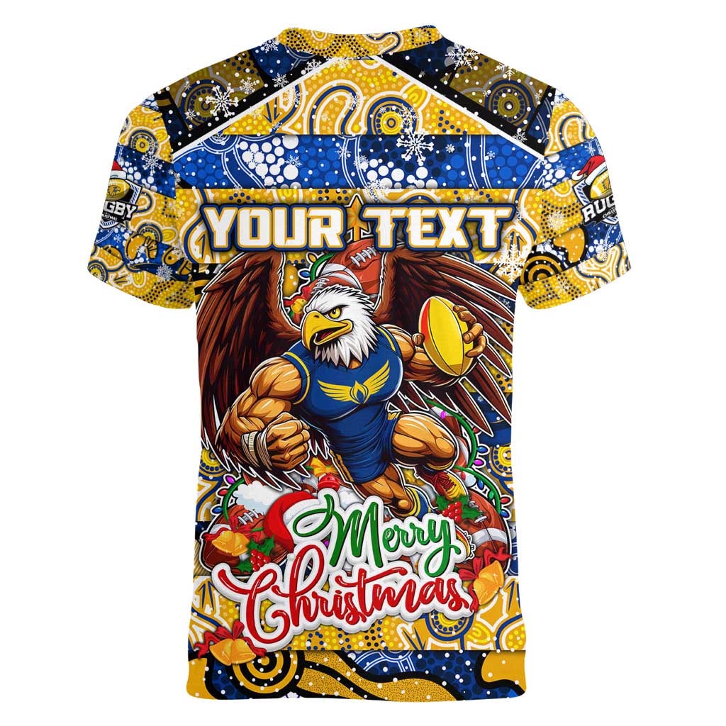 Custom Eagles Rugby Merry Christmas Women V-Neck T-Shirt Indigenous Australian Art