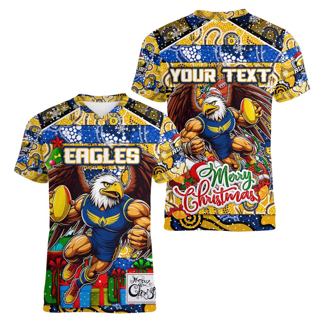 Custom Eagles Rugby Merry Christmas Women V-Neck T-Shirt Indigenous Australian Art