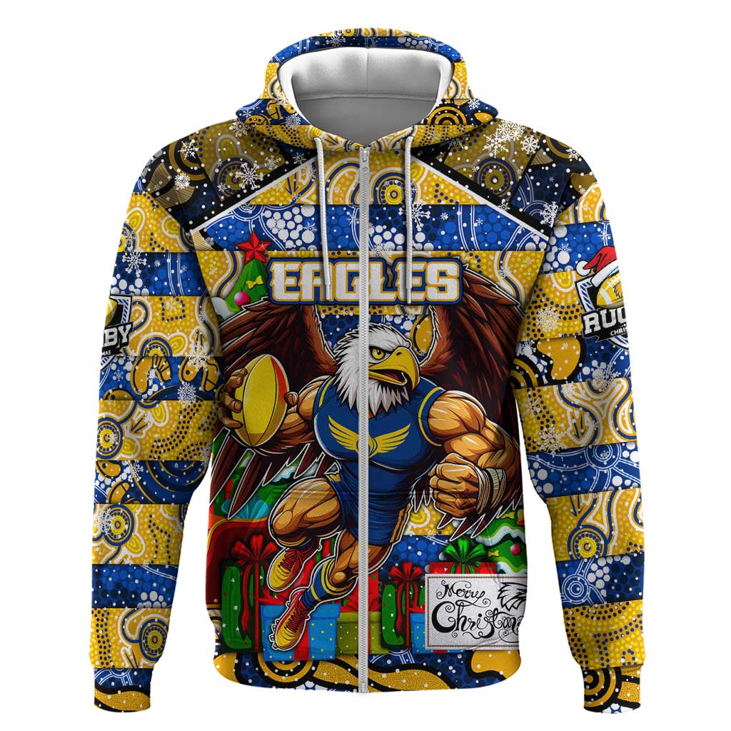 Custom Eagles Rugby Merry Christmas Zip Hoodie Indigenous Australian Art