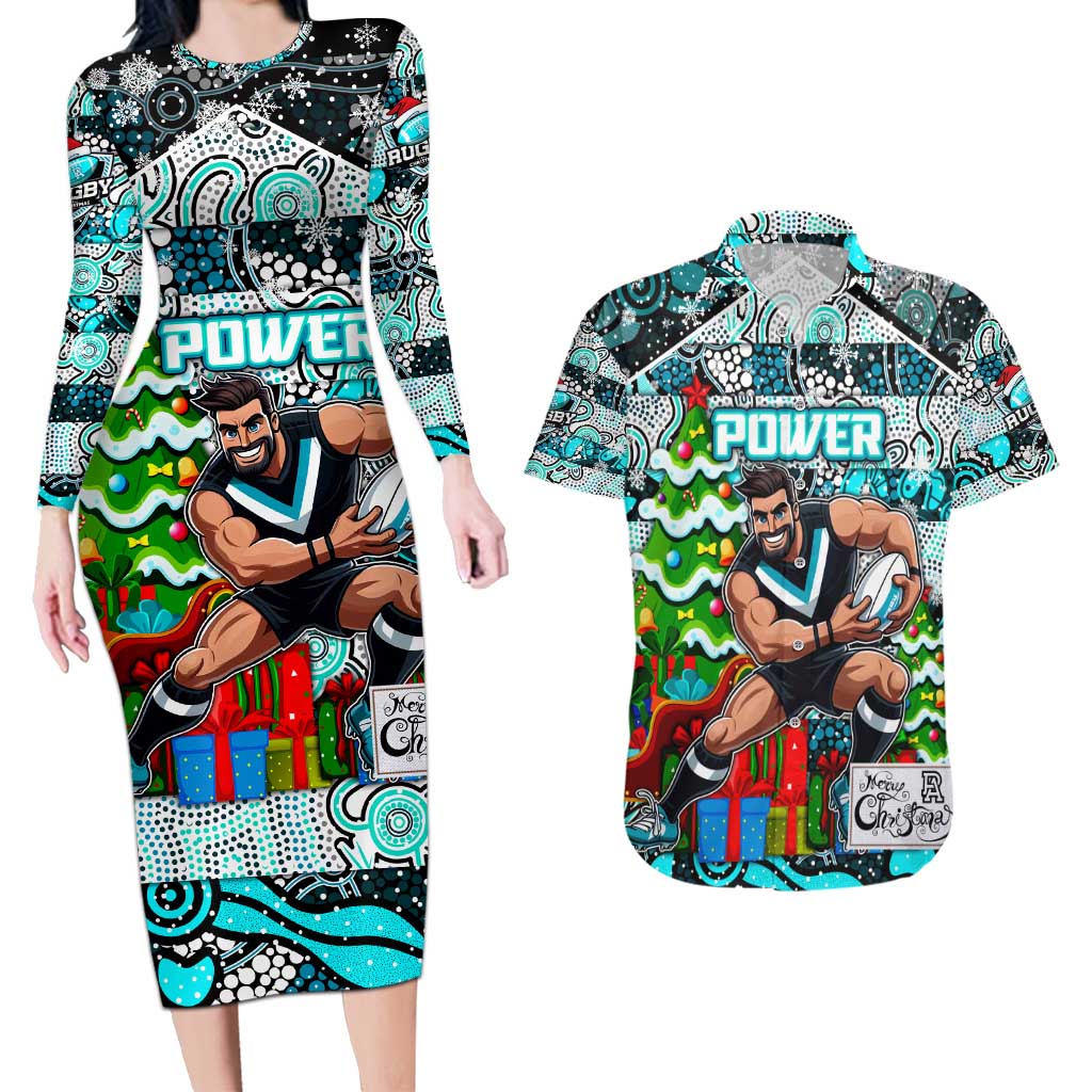 Custom Power Rugby Merry Christmas Couples Matching Long Sleeve Bodycon Dress and Hawaiian Shirt Indigenous Australian Art