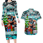 Custom Power Rugby Merry Christmas Couples Matching Long Sleeve Bodycon Dress and Hawaiian Shirt Indigenous Australian Art