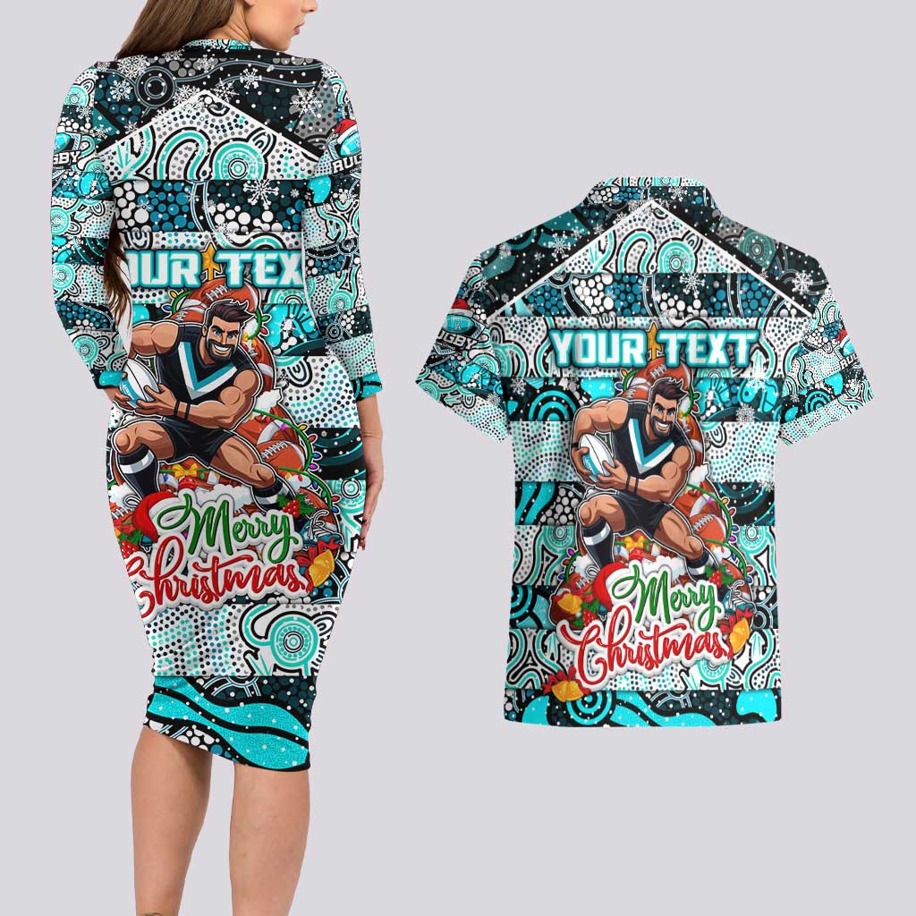 Custom Power Rugby Merry Christmas Couples Matching Long Sleeve Bodycon Dress and Hawaiian Shirt Indigenous Australian Art