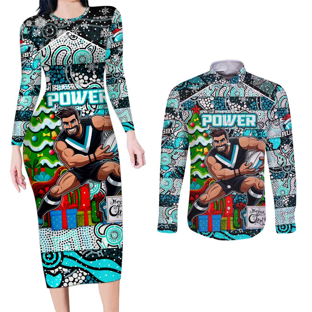 Custom Power Rugby Merry Christmas Couples Matching Long Sleeve Bodycon Dress and Long Sleeve Button Shirt Indigenous Australian Art