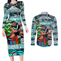 Custom Power Rugby Merry Christmas Couples Matching Long Sleeve Bodycon Dress and Long Sleeve Button Shirt Indigenous Australian Art