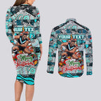 Custom Power Rugby Merry Christmas Couples Matching Long Sleeve Bodycon Dress and Long Sleeve Button Shirt Indigenous Australian Art