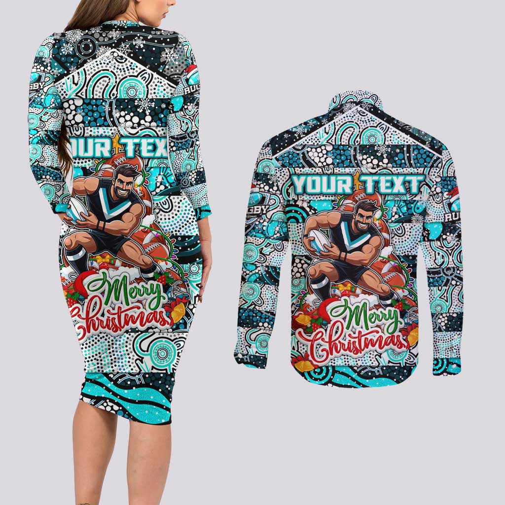 Custom Power Rugby Merry Christmas Couples Matching Long Sleeve Bodycon Dress and Long Sleeve Button Shirt Indigenous Australian Art