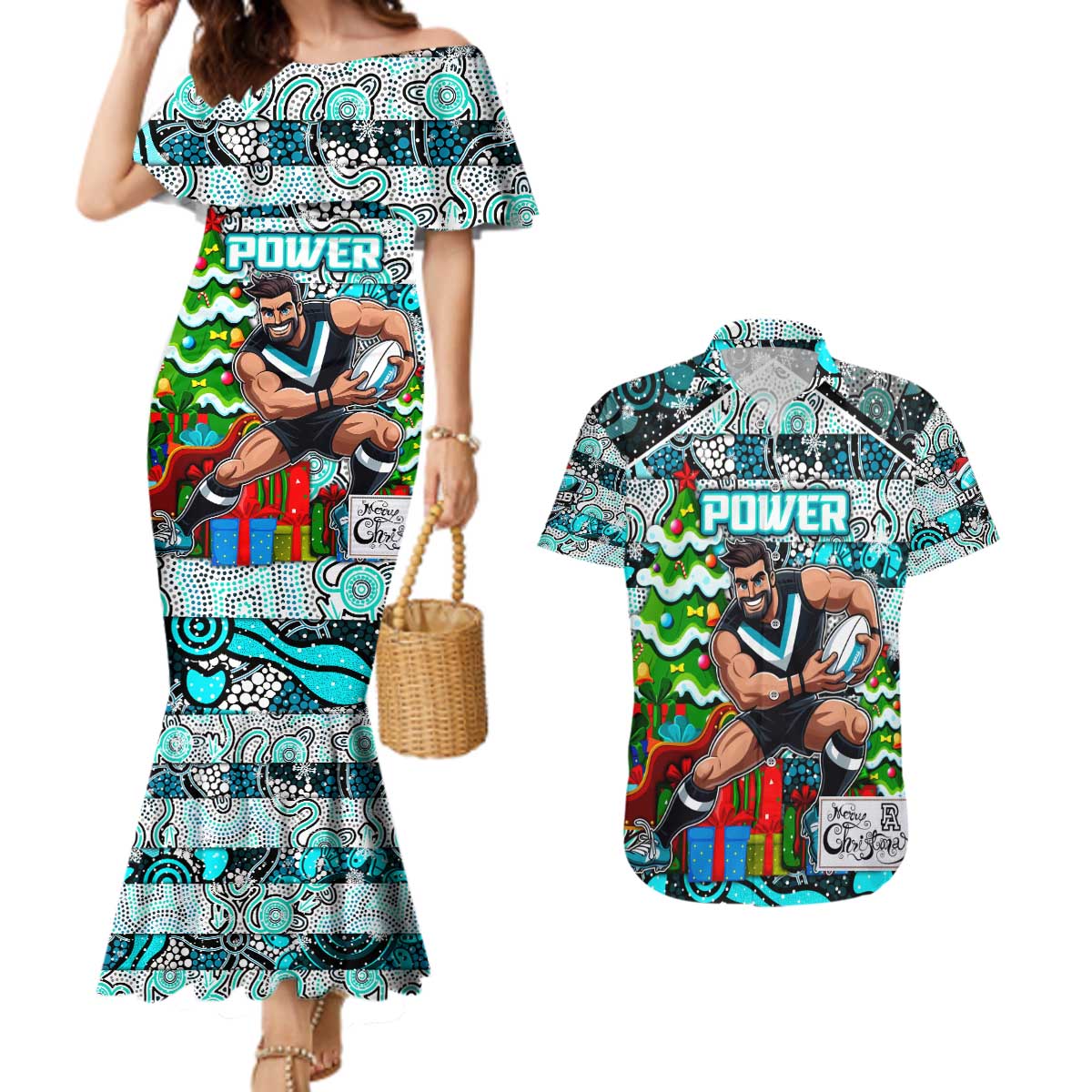 Custom Power Rugby Merry Christmas Couples Matching Mermaid Dress and Hawaiian Shirt Indigenous Australian Art
