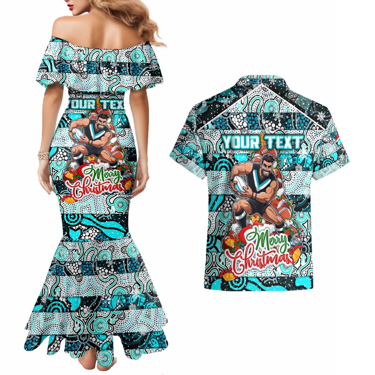 Custom Power Rugby Merry Christmas Couples Matching Mermaid Dress and Hawaiian Shirt Indigenous Australian Art