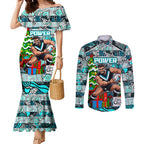 Custom Power Rugby Merry Christmas Couples Matching Mermaid Dress and Long Sleeve Button Shirt Indigenous Australian Art