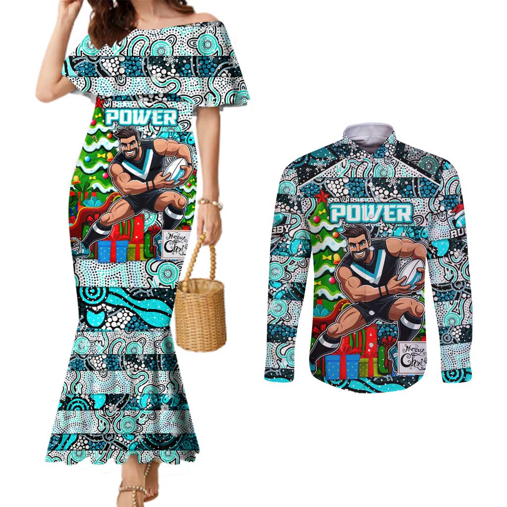 Custom Power Rugby Merry Christmas Couples Matching Mermaid Dress and Long Sleeve Button Shirt Indigenous Australian Art