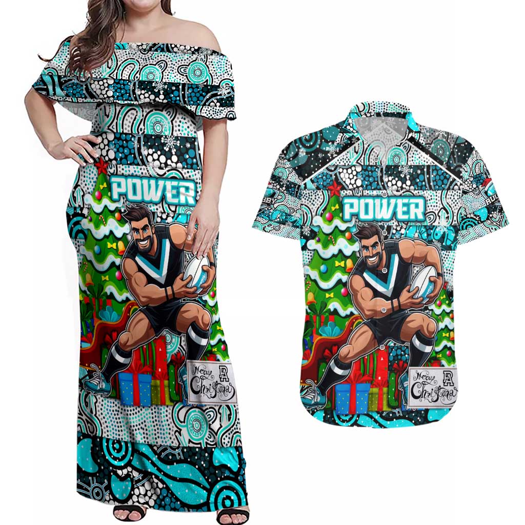 Custom Power Rugby Merry Christmas Couples Matching Off Shoulder Maxi Dress and Hawaiian Shirt Indigenous Australian Art