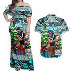 Custom Power Rugby Merry Christmas Couples Matching Off Shoulder Maxi Dress and Hawaiian Shirt Indigenous Australian Art