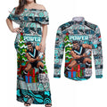 Custom Power Rugby Merry Christmas Couples Matching Off Shoulder Maxi Dress and Long Sleeve Button Shirt Indigenous Australian Art