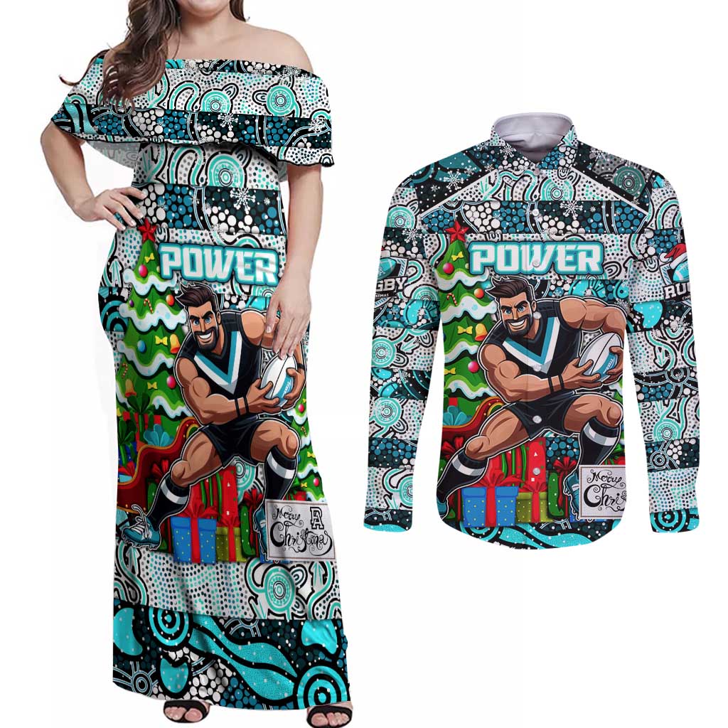 Custom Power Rugby Merry Christmas Couples Matching Off Shoulder Maxi Dress and Long Sleeve Button Shirt Indigenous Australian Art