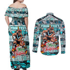 Custom Power Rugby Merry Christmas Couples Matching Off Shoulder Maxi Dress and Long Sleeve Button Shirt Indigenous Australian Art