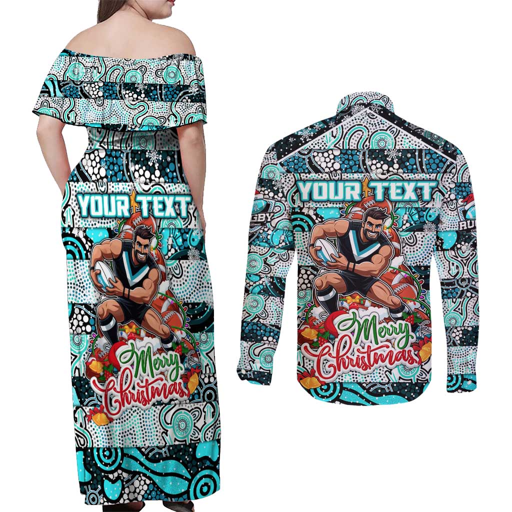 Custom Power Rugby Merry Christmas Couples Matching Off Shoulder Maxi Dress and Long Sleeve Button Shirt Indigenous Australian Art