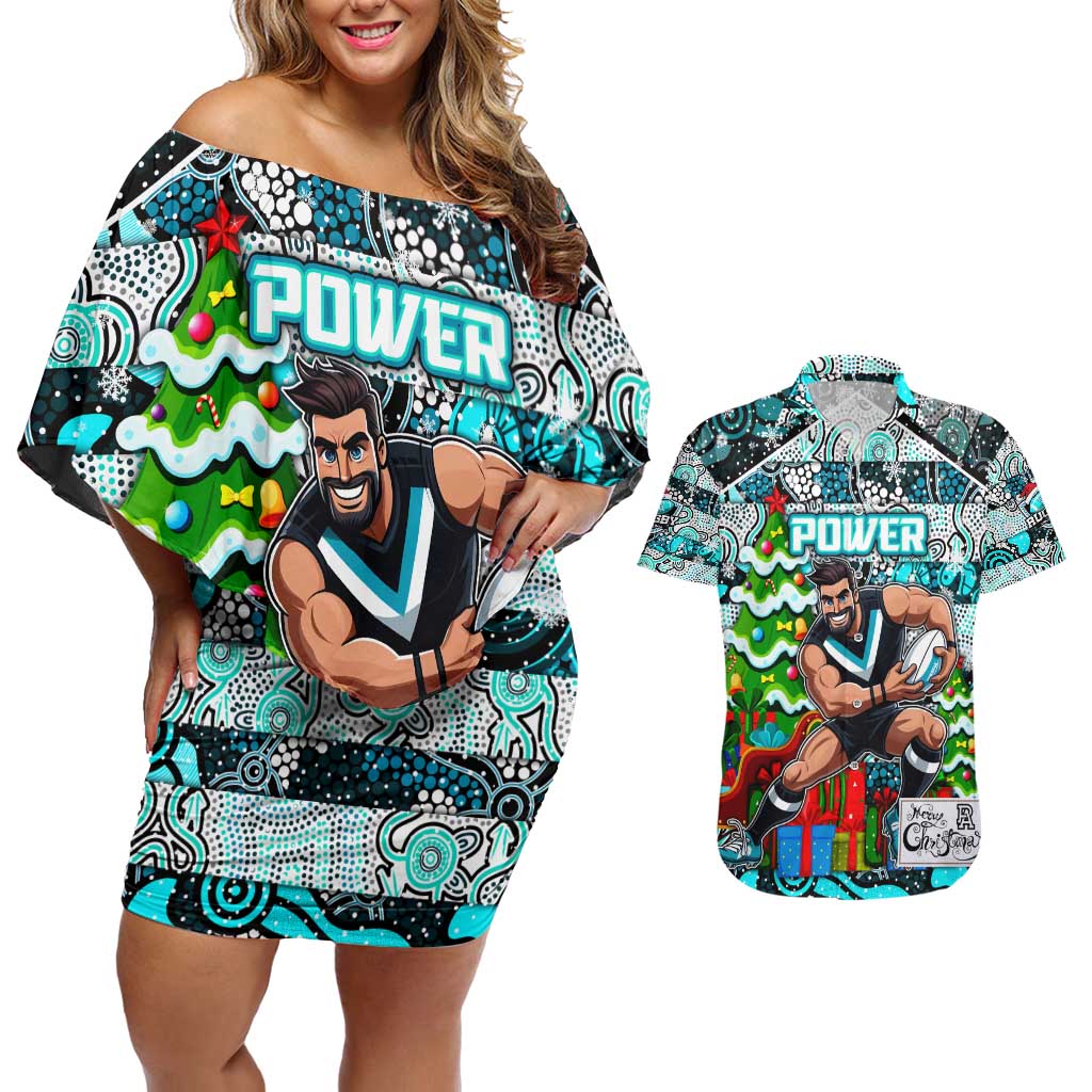 Custom Power Rugby Merry Christmas Couples Matching Off Shoulder Short Dress and Hawaiian Shirt Indigenous Australian Art