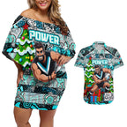 Custom Power Rugby Merry Christmas Couples Matching Off Shoulder Short Dress and Hawaiian Shirt Indigenous Australian Art