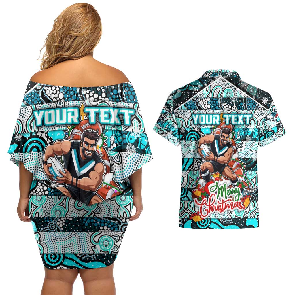 Custom Power Rugby Merry Christmas Couples Matching Off Shoulder Short Dress and Hawaiian Shirt Indigenous Australian Art