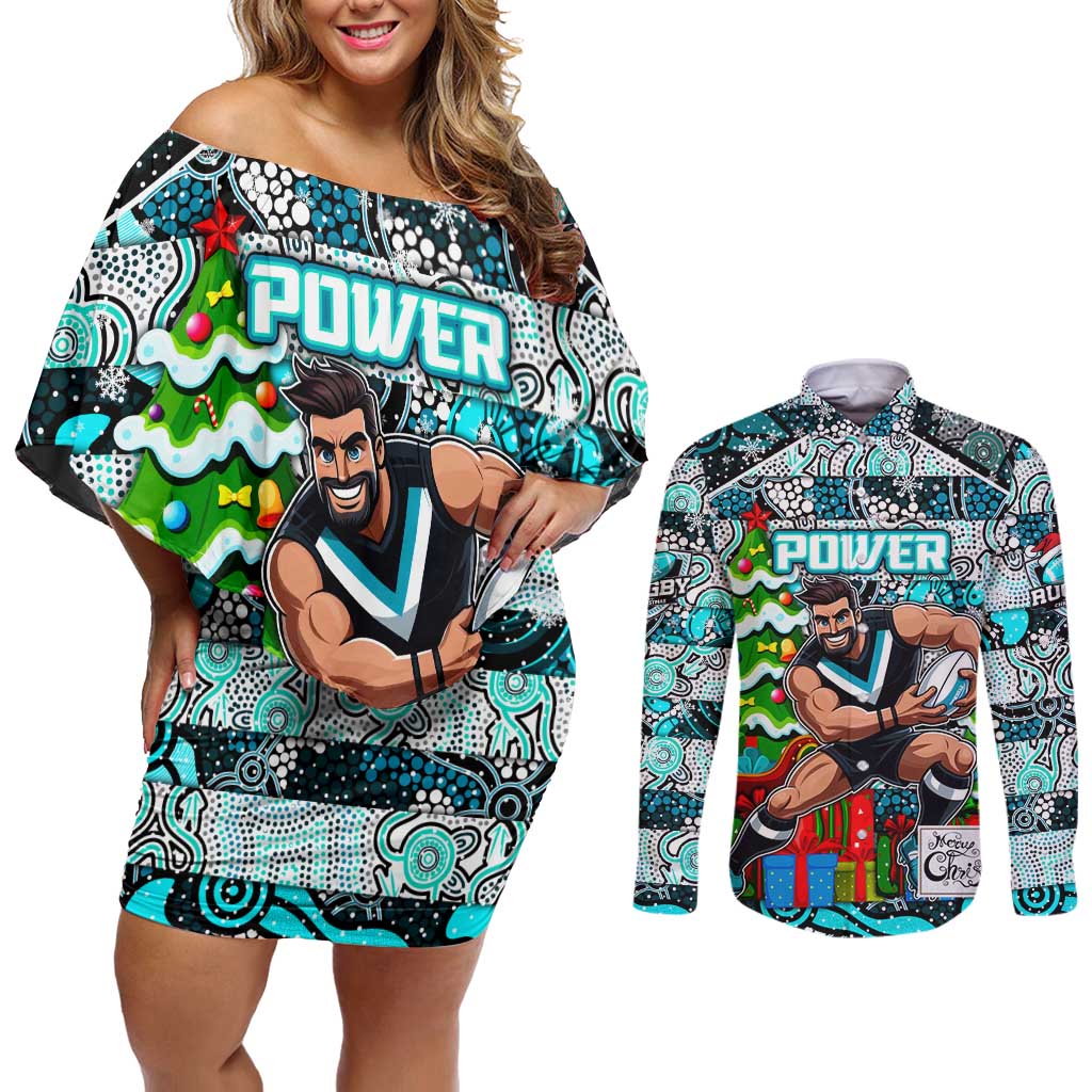Custom Power Rugby Merry Christmas Couples Matching Off Shoulder Short Dress and Long Sleeve Button Shirt Indigenous Australian Art