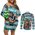 Custom Power Rugby Merry Christmas Couples Matching Off Shoulder Short Dress and Long Sleeve Button Shirt Indigenous Australian Art